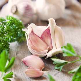 Garlic bulb split open on counter