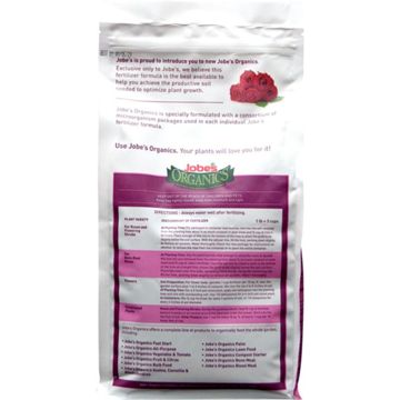 Image of Jobes rose and flower fertilizer bag, back side.